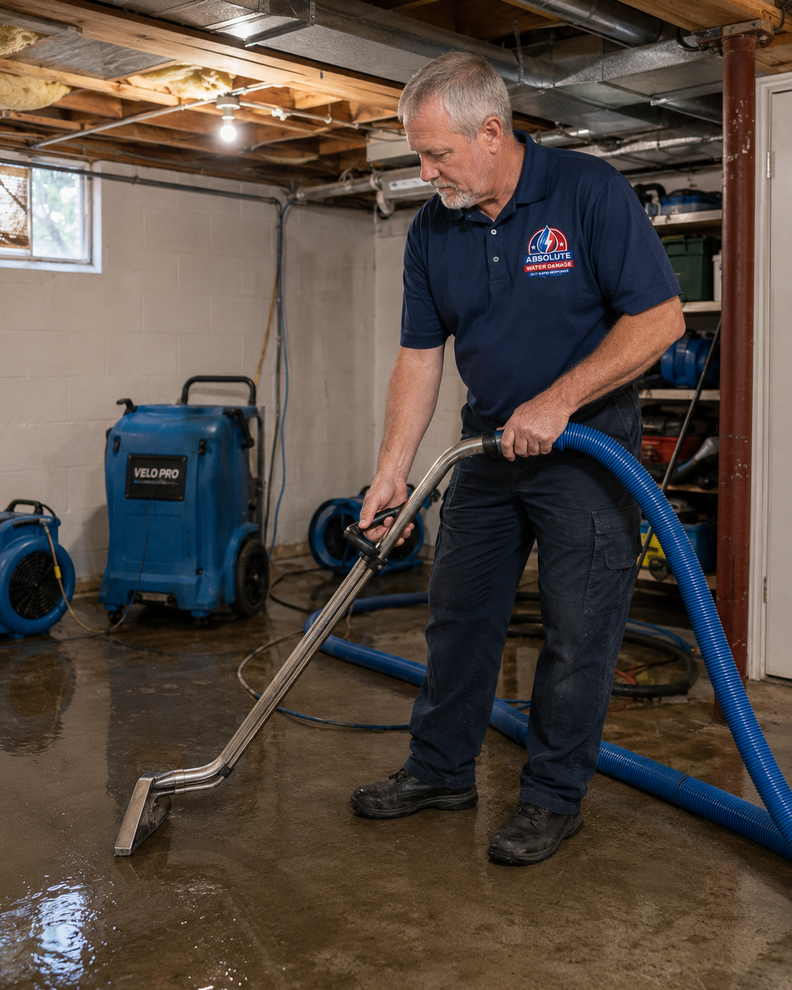 Ray extracting standing water from a flooded basement floor with a carpet wand