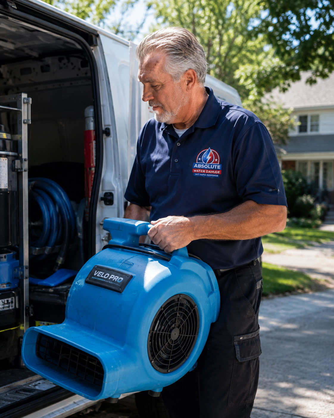 Ray unloading a commercial air mover from the Absolute Water Damage van