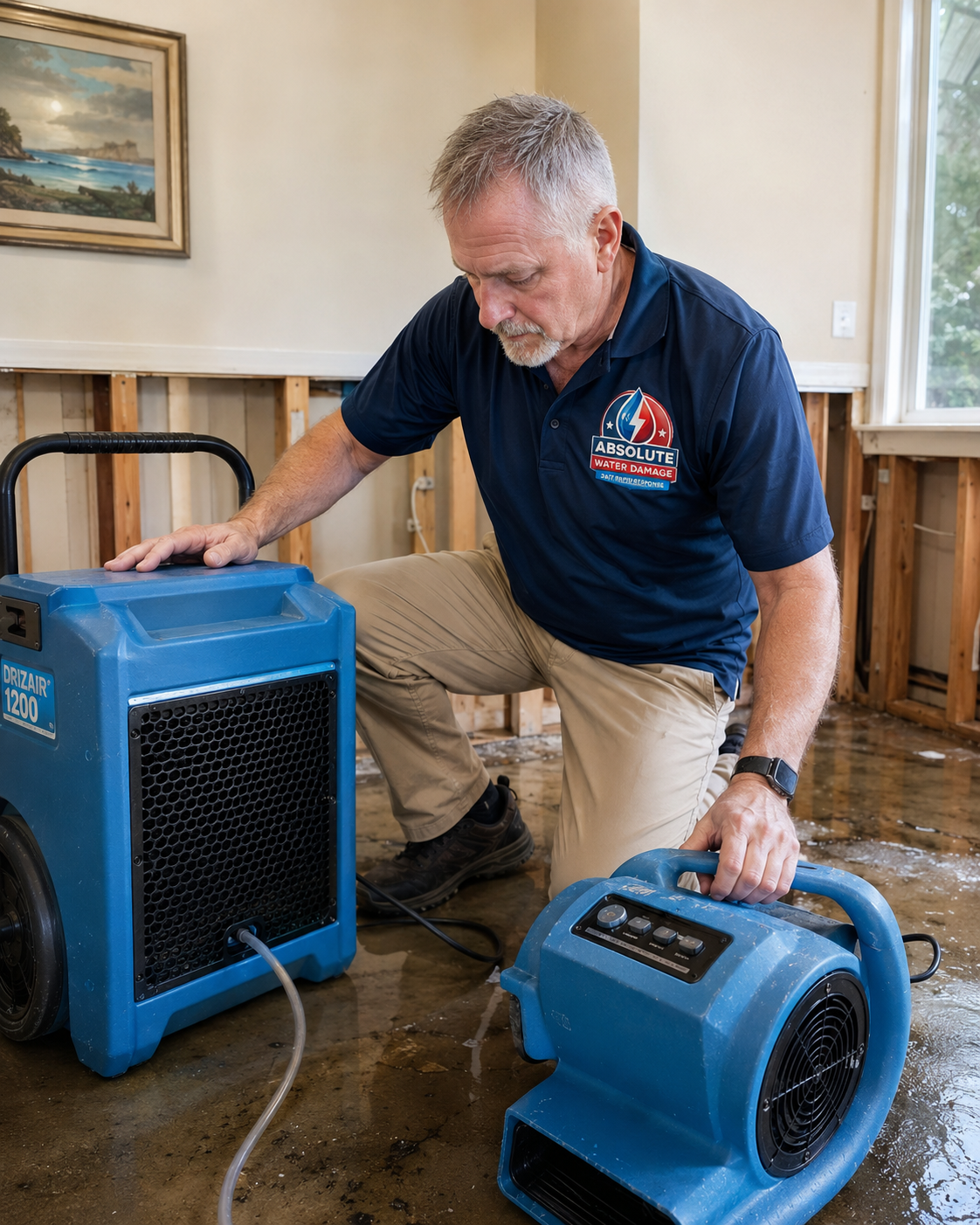 Ray positioning an LGR 7000XLi dehumidifier in a gutted room with wet hardwood