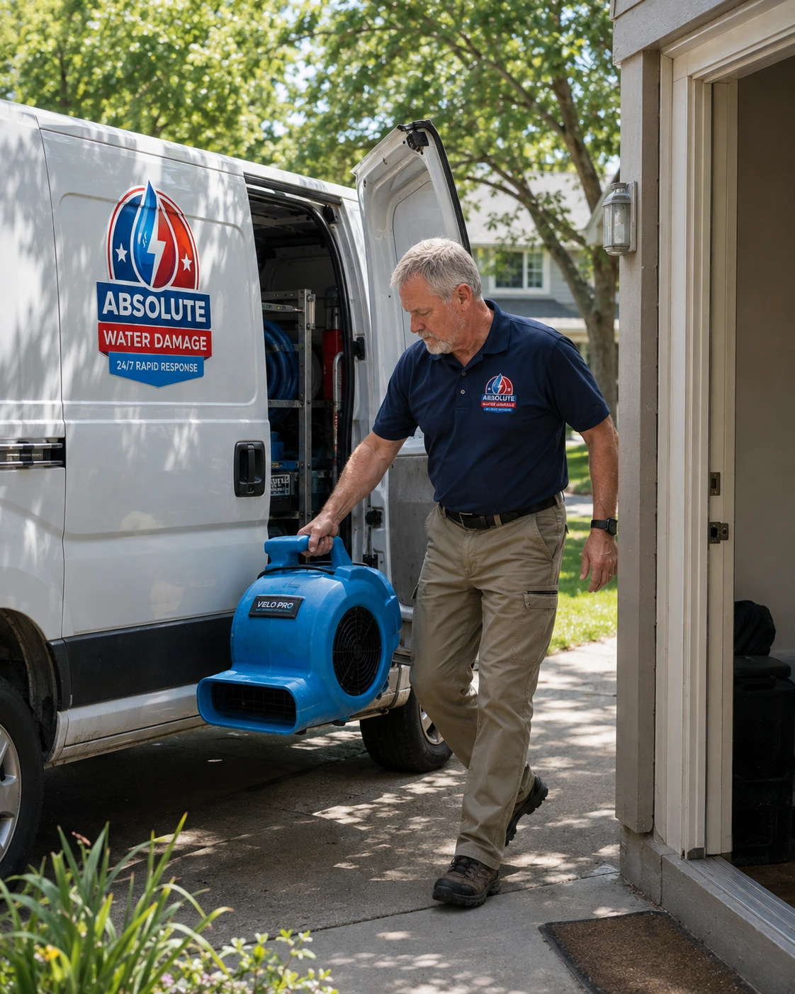 Ray carrying an air mover from the Absolute Water Damage van into a garage