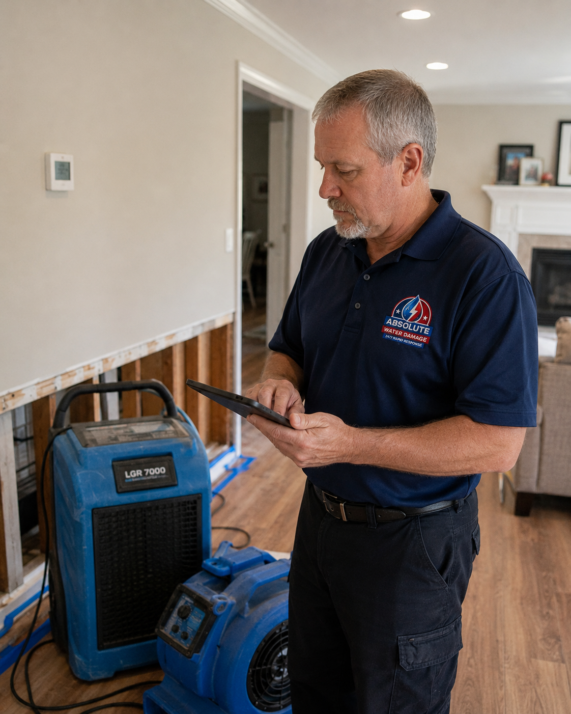 Ray logging drying readings on a tablet beside an LGR 7000 dehumidifier