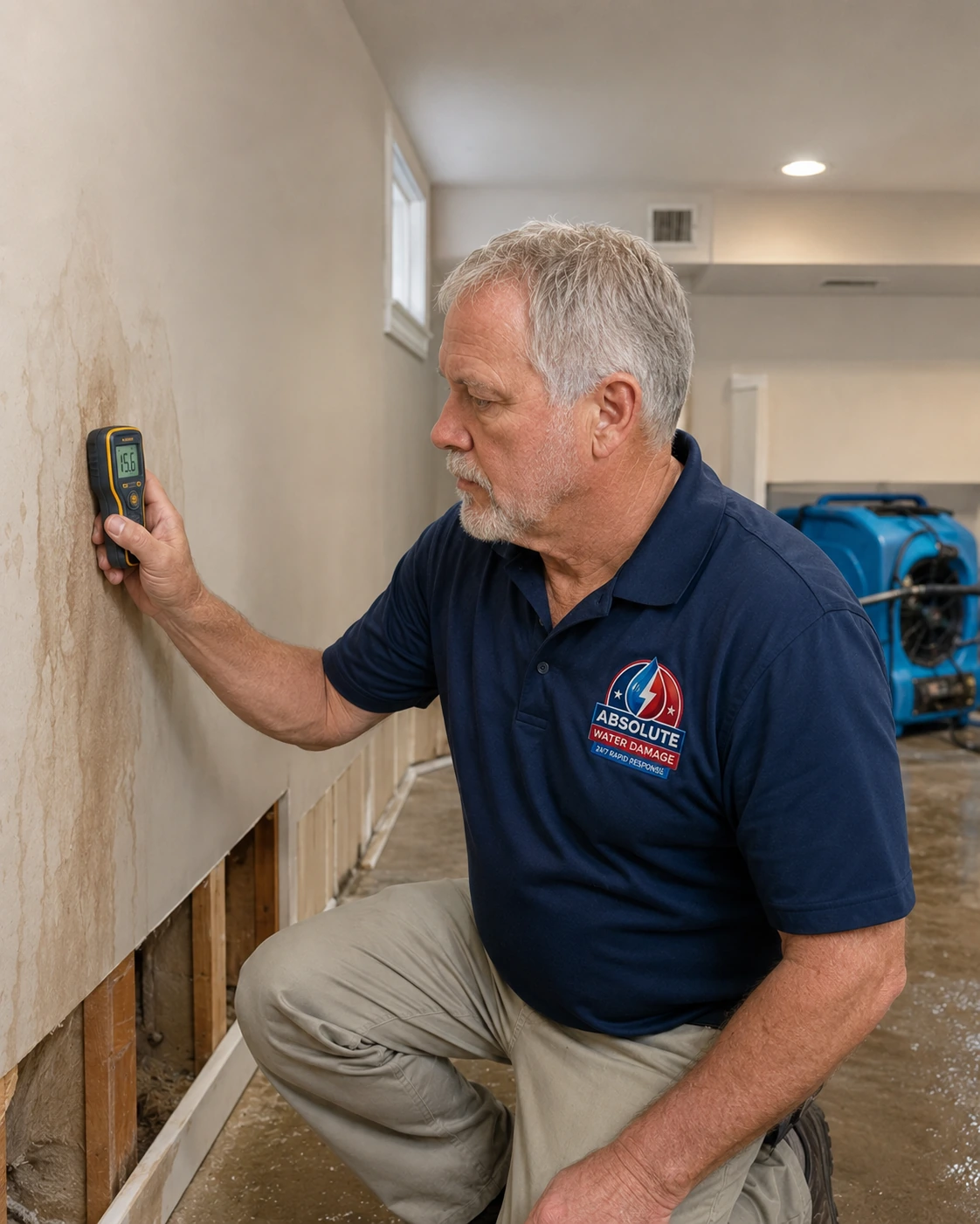Ray taking a 15.6 moisture reading on a hallway wall with a dehumidifier behind him