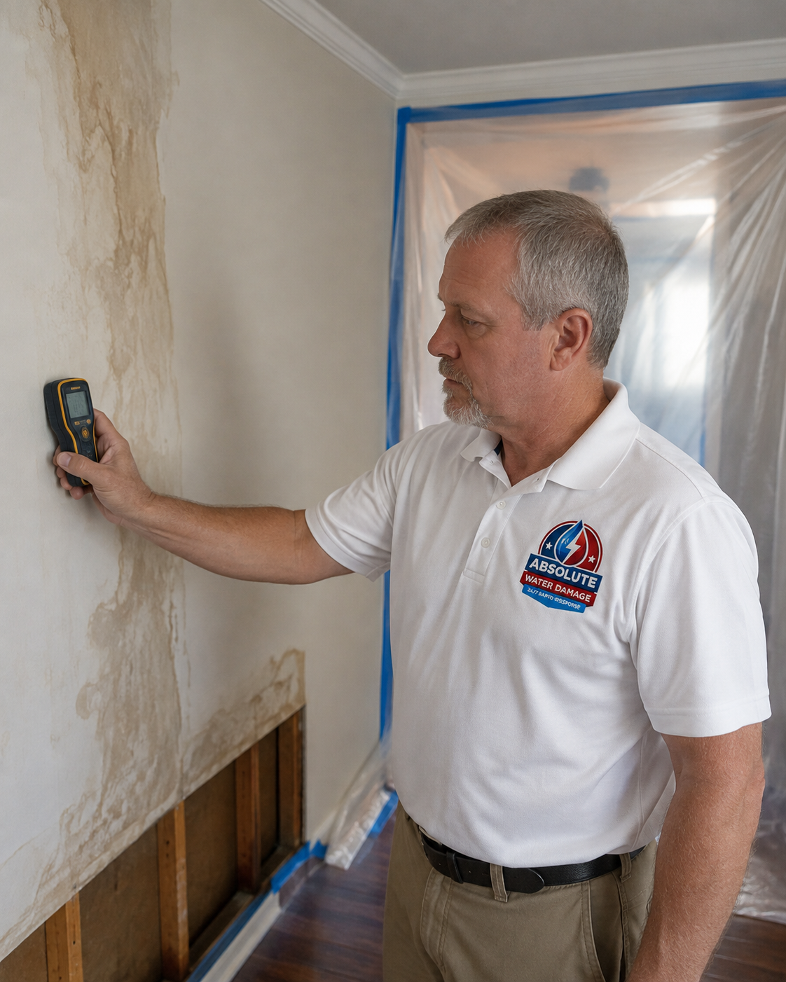 Mold staining on a wall and ceiling being scanned with a meter