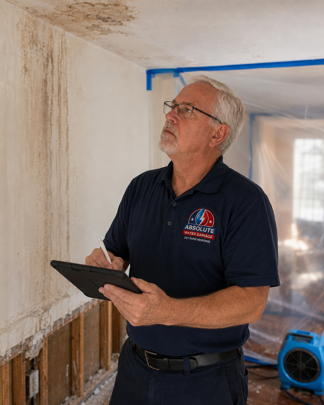 Moisture meter reading of 17.3 taken under a water stained ceiling
