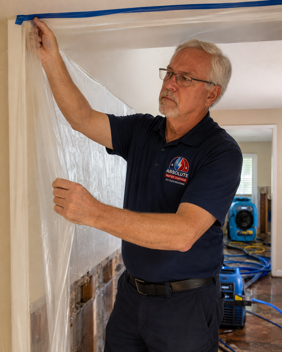 Technician kneeling with a flashlight and moisture meter checking an open wall cavity