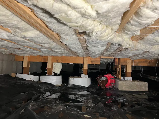 Crawlspace with an air mover drying under the insulated floor